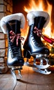 Photo Of Christmas Ice Skates Hanging By A Fire. Generative AI