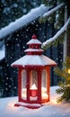 Photo Of Christmas Lantern Illuminating A Snowy Birdhous. Generative AI