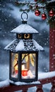 Photo Of Christmas Lantern Illuminating A Snowy Birdhous. Generative AI