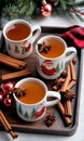 Photo Of Christmas Mugs Of Spiced Cider On A Tra. Generative AI