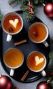 Photo Of Christmas Mugs Of Spiced Cider On A Tra. Generative AI