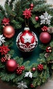 Photo Of Christmas Ornate Bauble Inside A Wreat. Generative AI Royalty Free Stock Photo