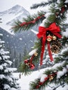 Photo Of Christmas Pine Tree Branches Draped With Red Ribbons, Snowflakes, And Jingle Bells Against A Snowy Mountai. Generative AI Royalty Free Stock Photo