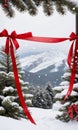 Photo Of Christmas Pine Tree Branches Draped With Red Ribbons, Snowflakes, And Jingle Bells Against A Snowy Mountai. Generative AI Royalty Free Stock Photo