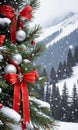 Photo Of Christmas Pine Tree Branches Draped With Red Ribbons, Snowflakes, And Jingle Bells Against A Snowy Mountai. Generative AI Royalty Free Stock Photo