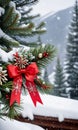 Photo Of Christmas Pine Tree Branches Draped With Red Ribbons, Snowflakes, And Jingle Bells Against A Snowy Mountai. Generative AI Royalty Free Stock Photo