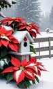 Photo Of Christmas Poinsettia Plant Beside A Snow-Covered Birdhous. Generative AI