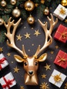 Photo Of Christmas Reindeer Antlers Beside A Pile Of Gifts Wrapped In Golden Stars. Generative AI