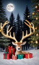 Photo Of Christmas Reindeer Antlers Beside A Pile Of Gifts Wrapped In Golden Stars In A Moonlit Forest Clearing. Generative AI