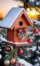 Photo Of Christmas Snow-Covered Birdhouse On A Pine Tree Decorated With Baubles, With The Sunrise Peeking Through T. Generative AI