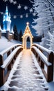 Photo Of Christmas Snow-Covered Bridge Adorned With Fairy Lights And Snowflakes Leading To A Magical Ice Castl. Generative AI