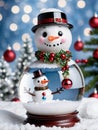 Photo Of Christmas Snowman Wearing A Wreath Necklace Holding A Glass Snow Globe. Generative AI Royalty Free Stock Photo