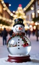 Photo Of Christmas Snowman Wearing A Wreath Necklace Holding A Glass Snow Globe In The Town Square With Twinkling L. Generative AI Royalty Free Stock Photo
