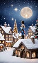 Photo Of Christmas Snowy Village With A Nutcracker Statue And Mistletoe Decorations Against A Backdrop Of A Starry . Generative AI