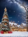 Photo Of Christmas Snowy Village With A Nutcracker Statue And Mistletoe Decorations Against A Backdrop Of A Starry . Generative AI