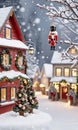 Photo Of Christmas Snowy Village With A Nutcracker Statue And Mistletoe Decorations. Generative AI