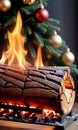 Photo Of Christmas Yule Log Burning Brightly. Generative AI