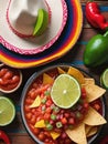 Photo Of Cincodemayo Celebration Concept, Top View Photo Of Nacho Chips Salsa Sauce Chilli Tequila With Salt Lime S. Generative AI Royalty Free Stock Photo