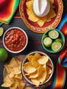 Photo Of Cincodemayo Celebration Concept, Top View Photo Of Nacho Chips Salsa Sauce Chilli Tequila With Salt Lime S. Generative AI Royalty Free Stock Photo