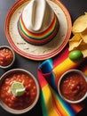 Photo Of Cincodemayo Celebration Concept, Top View Photo Of Nacho Chips Salsa Sauce Chilli Tequila With Salt Lime S. Generative AI Royalty Free Stock Photo