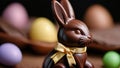 Photo Of A Closeup Of A Chocolate Easter Bunny With A Ribbon. Generative AI