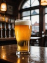 Photo Of Cold Beer Pour In Glass From Crane In Pub Background. Generative AI