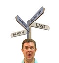 Confused man sign post arrows direction north south east west Royalty Free Stock Photo