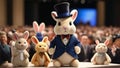 Photo Of A Dapper Cartoon Scene Of A Stuffed Rabbit Impressing The Crowd With Its Impressive Top Hat Collection At . Generative AI