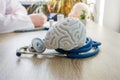 Concept photo of diagnosis and treatment of brain nervous. In foreground is model of brain near stethoscope on table in background