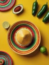 Photo Of Embrace The Festive Atmosphere Of Cinco De Mayo With This Lively Topview Shot Of A Sombrero Poncho Maracas. Generative AI Royalty Free Stock Photo