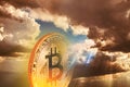 digital bitcoin currency cryptocurrency crypto space heaven sun rays beams light sky skies Royalty Free Stock Photo