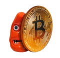 Monster eyes looking over bitcoin cryptocurrency