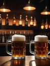 Photo Of Mugs Full Of Beer On A Bar Counter, Dramatic Lighting Illustration. Generative AI Royalty Free Stock Photo