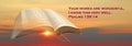 Open holy bible book scripture god word testament sky clouds skies sunset psalms kingdom heavens heaven prayer pray jehovah jesus Royalty Free Stock Photo