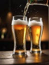 Photo Of Pair Of Beer Glasses Making A Toast, Beer Splash. Generative AI