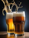 Photo Of Pair Of Beer Glasses Making A Toast, Beer Splash. Generative AI