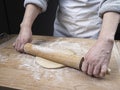 Using a rolling pin on dough
