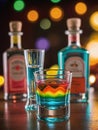 Photo Of A Still Life Of Colorful Glasses And Bottles Of Tequila And Mezcal, A Mexican Spirit, Creates A Beautiful . Generative AI Royalty Free Stock Photo