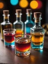 Photo Of A Still Life Of Colorful Glasses And Bottles Of Tequila And Mezcal, A Mexican Spirit, Creates A Beautiful . Generative AI Royalty Free Stock Photo