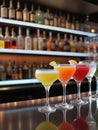 Photo Of Variety Of Alcoholic Drinks And Multi Colored Cocktails On The Reflective Surface Of Bar Counter, Blurred . Generative AI