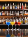 Photo Of Variety Of Alcoholic Drinks And Multi Colored Cocktails On The Reflective Surface Of Bar Counter, Blurred . Generative AI