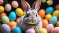 Photo Of Very Cute Easter Bunny Surrounded By Vibrant Easter Eggs, Illustration Of A Bunny As The Protagonist Of A . Generative AI Royalty Free Stock Photo
