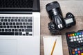 Concept of photographer work station. Top view of diverse person Royalty Free Stock Photo