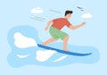 Concept of Physical Activity, Healthy Lifestyle And Playing Sport. Happy Guy Is Swimming On Surfboard On The Waves