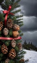 Pine Cones And Ribbon Decorating A Christmas Tree In A Stormy Settin. Generative AI