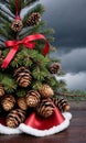 Pine Cones And Ribbon Decorating A Christmas Tree In A Stormy Settin. Generative AI