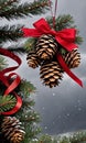 Pine Cones And Ribbon Decorating A Christmas Tree In A Stormy Settin. Generative AI