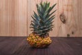 Concept of a Pineapple that was already eaten and now it is only the top crown and the bottom, on a wooden table.