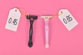 Concept for pink tax showing pink and black razor aimed at specific genders with price tags Royalty Free Stock Photo