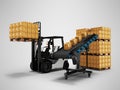 The concept of placing pallet of goods with forklift from conveyor 3d render on gray background with shadow